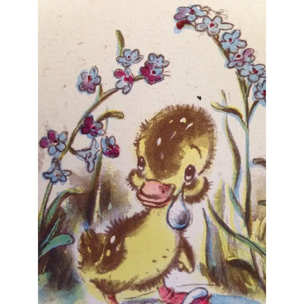 Vtg 1946 Brownie Fuzzy Crying Yellow Duck Duckling in Pond Blank Greeting Card
